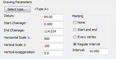 Typical settings for a section to be subsequently used for designing a vertical alignment on