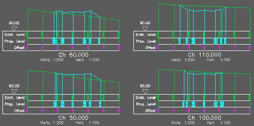 Design cross sections superimposed on existing using section type C