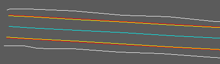 3D Polylines representing centre in cyan, channels in yellow, kerbs in red and back of footpath in white. 