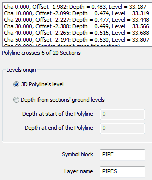 In this example a 3D Polyline has been selected and its levels at each cross section used to locate the PIPE block in each cross section