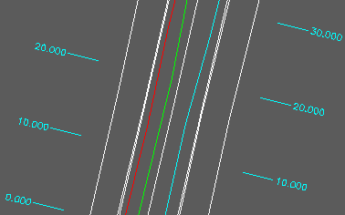 Back of footpaths, kerbs, channels and centre in white. Gas is red, BT is green and Water is cyan.