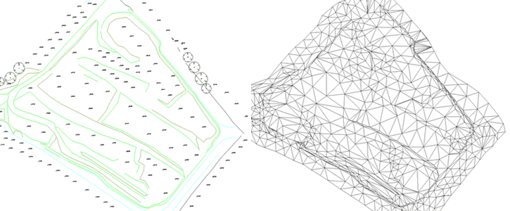 Example of survey drawing comprising a mixture of spot levels and 3D Polylines on the left with model triangles shown on the right