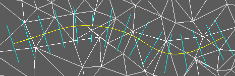 2D Polyline representing horizontal alignment in yellow, cross section locations in cyan (triangles shown for illustration only)