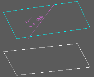 Original 2D Polyline in white, slope definition line in magenta, design 3D Polyline in cyan. The ends of the slope definition line were used to define the uniform surface.