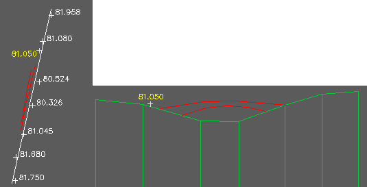 Existing section (green), 2D Polyline (white) representing the section plan location, levels the section was created from (white and for illustration only), features to be added in red and yellow.