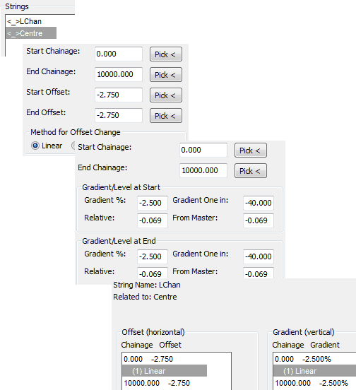 Adding the second string named LChan with it's horizontal/offsets and then gradient/level difference definitions.