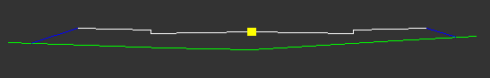 View strings graphic with existing ground (green), design (white) and fill embankments (blue). The centre has been highlighted (yellow).