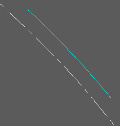 Horizontal alignment (white) and 3D Polyline (cyan) representing the channel from start to end chainages