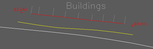 Reference 2D Polyline (white), 2D Polyline representing kerb design (yellow). Threshold represented by a 3D Polyline and Levels (red). 