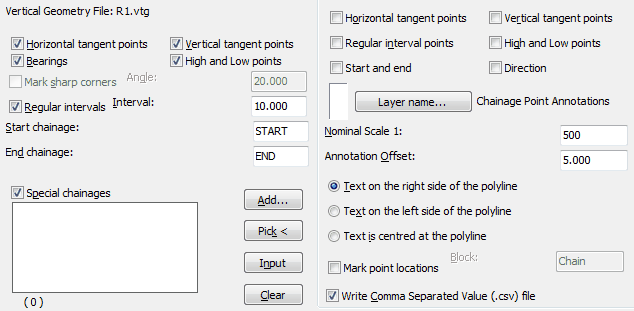 Typical settings for all geometry including regular chainage intervals of 10.000 metres