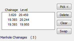 The list after two manholes but note that manhole 18 has different "in" and "out" invert levels