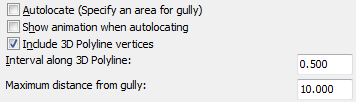 Settings to calculate gradient lines to the gully location at every vertex and 0.500 metre intervals along the the 3D Polylines