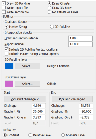 Typical settings for A to B. Note the start and end chainages are set by the 2D Polyline but can be modified.