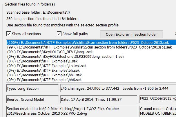 Dialog showing all sections under a main folder. Good matches to selected section profile are listed first with a match percentage. Details about the section are shown below the file list window.