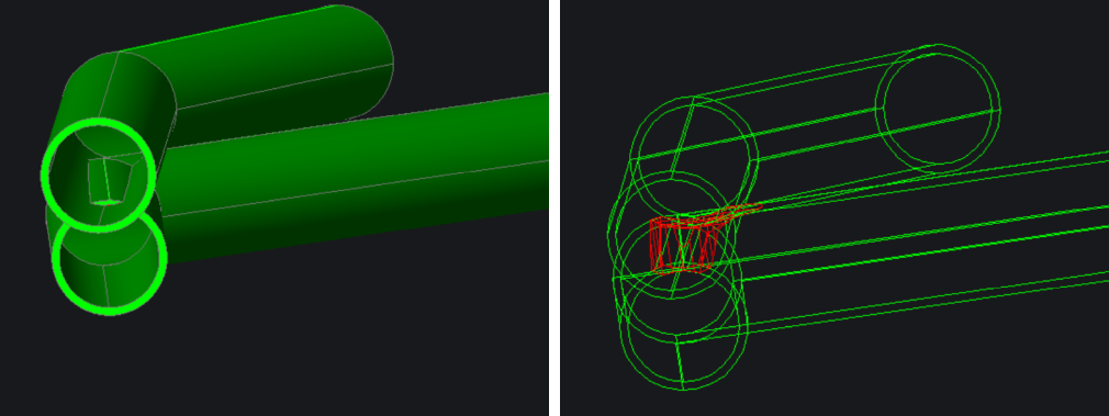 Example of pipes clashing. On the right side the clashing areas have been identified with the CAD INTERFERE command