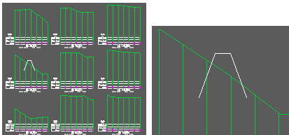 A group of cross sections including the one to be used for defining the design with a 2D Polyline in white