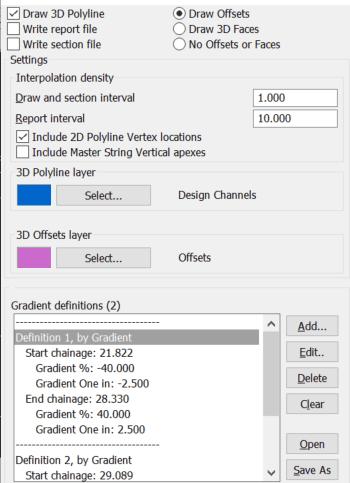 Typical settings for A to B to C.... The previously used gradient definitions are shown as default but you can clear the list and define new ones.