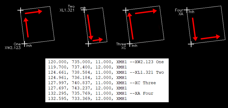 One: Draw rectangle based on 2 surveyed points, Clockwise 2.123 wide Two: Draw rectangle based on 2 surveyed points, Anticlockwise (Left) 1.321 wide Three: Draw square based on 2 surveyed points, Clockwise Four: Draw square based on 2 surveyed points, Anticlockwise